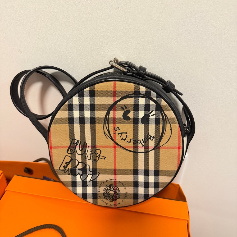Burberry Beige and Black Plaid Round Bag